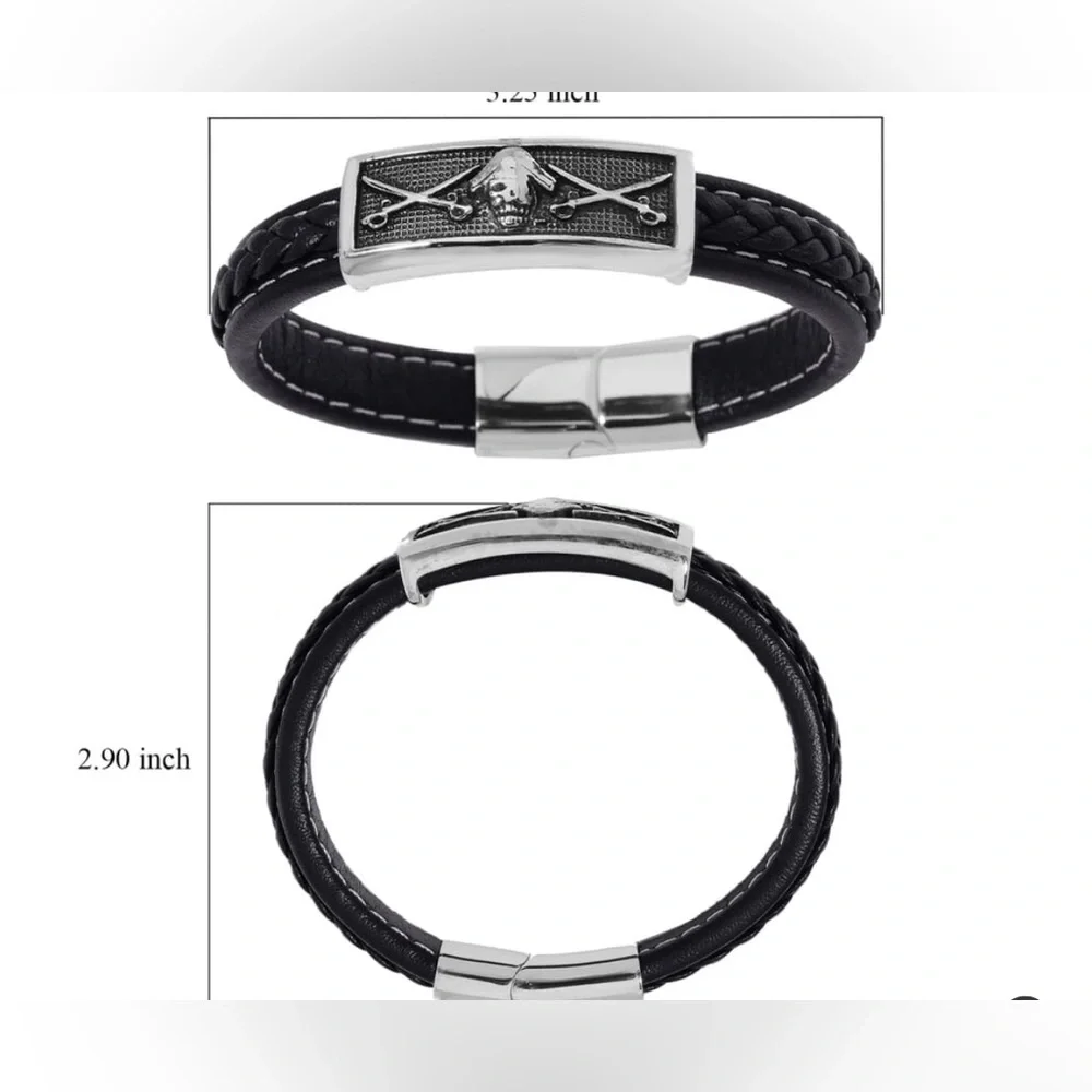 Stainless Steel and Braided Leather Pirate Sword Bracelet 8 inches Men Women